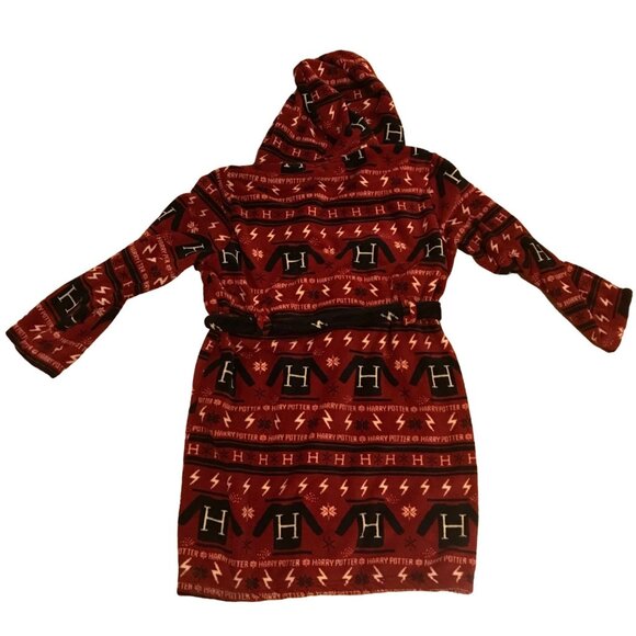 Harry Potter Robe Kids L/XL Hooded Fleece Red & Black Pockets Belted Sleepwear - Picture 2 of 10